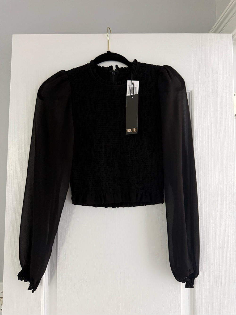 Truth Black Smocked Crop Blouse with Sheer Puff Sleeves